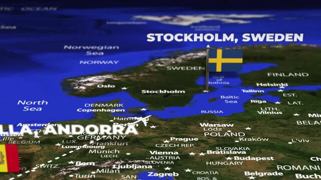 Flight From Andorra la Vella ANDORRA Stockholm SWEDEN with flag pins