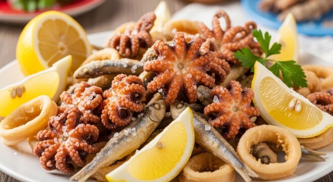 Fried seafood platter with baby octopus, squid rings and small fish garnished with lemon on white plate. Traditional Mediterranean cuisine dish. Tasty snack for dinner or lunch.