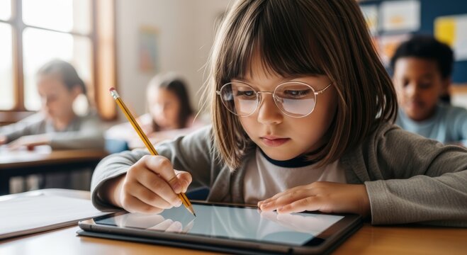 Girl student in eyeglasses using stylus to write on tablet in classroom. Child learning with modern technology. Concept of elementary education, digital school and creative study process.