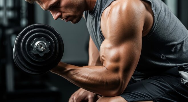 Muscular man lifting dumbbell in gym. Athlete doing arm exercise for bicep workout. Bodybuilder training with heavy weight for muscle growth, strength and fitness health and lifestyle.