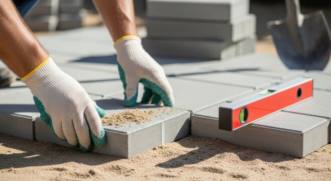 Paver installing concrete stone block on sand base. Construction worker laying paving slab for walkway. Professional landscaping and ground improvement work. Building renovation project.