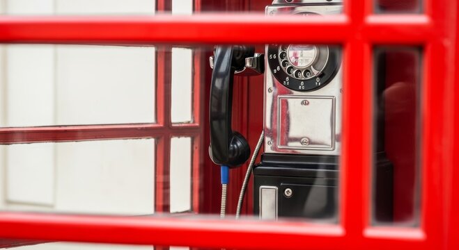 Red telephone booth with vintage dial telephone inside. Iconic London street public communication kiosk for international travel. Classic retro technology and urban heritage landmark object.