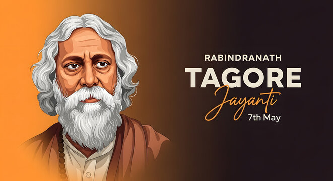 Rabindranath Tagore Jayanti portrait illustration. Indian poet cultural tribute design. 7th May birth anniversary concept. Elegant modern vector artwork