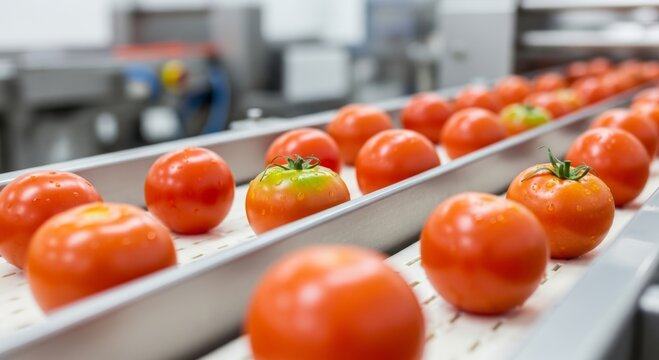 Red tomatoes moving on automated conveyor belt at food processing factory. Industrial production line for vegetable sorting and packaging. Agriculture technology and harvest concept.