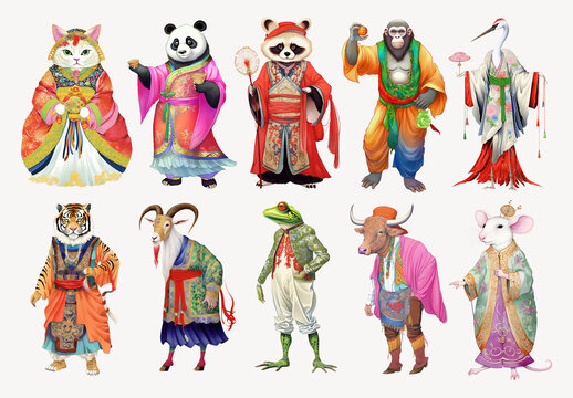 Anthropomorphic Animals In Traditional Attire Element Set