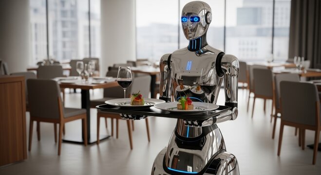 Robot waiter serving food and wine on tray in restaurant dining room. Futuristic automated hospitality service technology. Artificial intelligence working in catering or cafe industry.