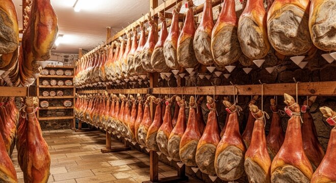 Rows of cured ham hanging in traditional stone cellar. Aging process of meat production. Italian prosciutto in food warehouse. Gastronomy industry, artisanal craft and butcher shop.
