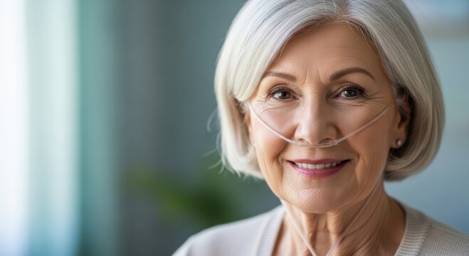 Smiling senior woman wearing nasal cannula for oxygen therapy. Portrait of retired patient with respiratory disease receiving medical breathing assistance. Healthcare and geriatric home care.