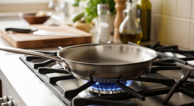 Stainless steel frying pan on gas stove burner. Metal skillet heating with blue flame in modern kitchen. Culinary preparation process for cooking meal at home, food industry concept.