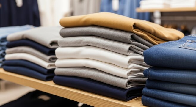 Stack of folded clothes on wooden shelf in clothing store. Neat pile of shirts and denim jeans on display. Retail shopping concept, indoor apparel collection, organized wardrobe interior.