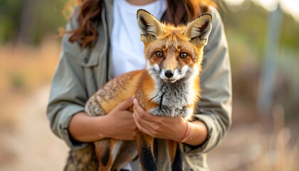 Obraz premium Close up view of a woman holding a young red fox in her arms outdoors showing a friendly connection between a human and a wild animal in nature.