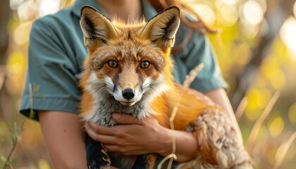 Fototapeta premium A beautiful red fox held by a friendly human in a lush outdoor setting showcasing animal care conservation efforts and wildlife connection.