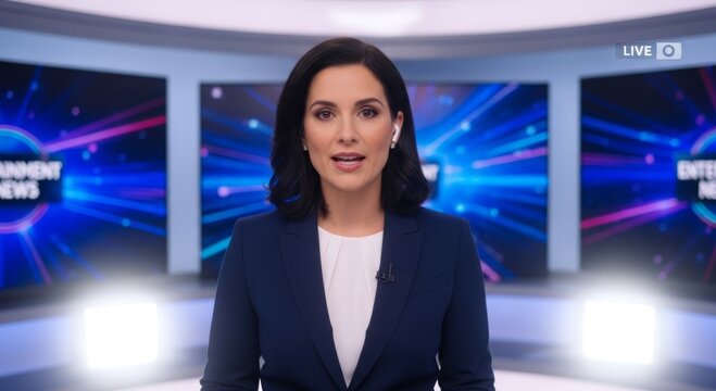 Woman news anchor reporting from a modern television studio. Female journalist presenting live broadcast for daily show. Professional journalism and media communication concept in studio.
