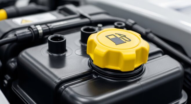 Yellow fuel filler cap on a black car engine fluid reservoir. Vehicle maintenance and technical service component. Under the hood inspection for automotive repair and transportation industry.
