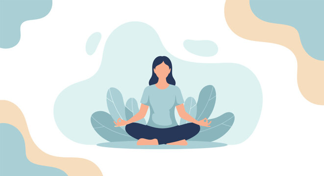 Serene Contemplation: An illustration of a woman in a lotus position, immersed in meditation, achieving inner peace and mindfulness amidst a soft, tranquil backdrop.