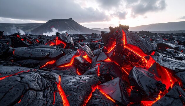 Glowing molten lava flowing between jagged black volcanic rocks in a dramatic wilderness landscape during a cloudy sunset on a remote island.
