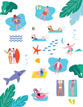 海やプールで遊ぶ人たちのイラストセット