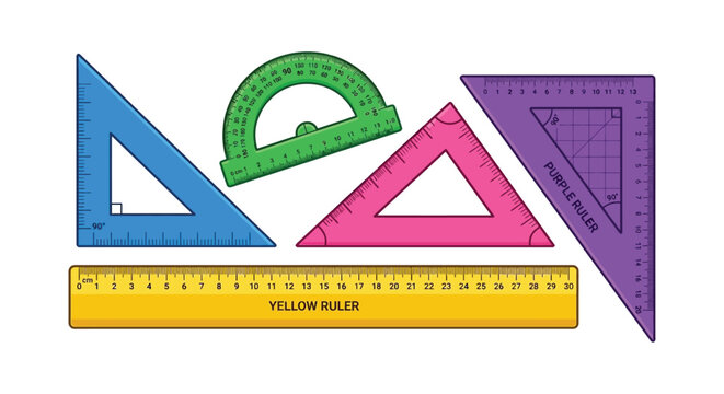 Colorful set of various geometry tools including rulers and triangles