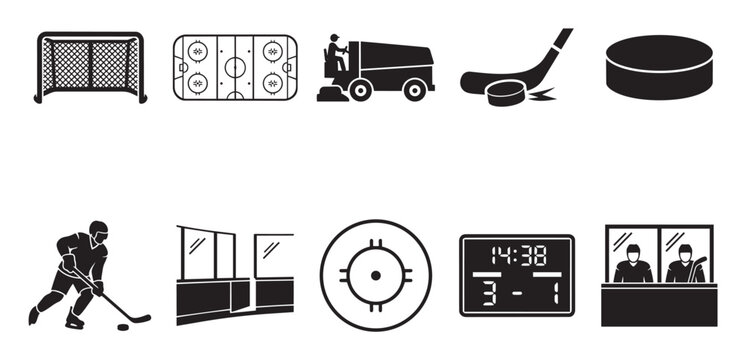 Collection of simple black and white icons representing ice hockey elements like a player, rink, net, puck, and scoreboard for sports and game themes.