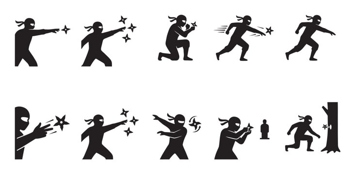 Collection of black silhouette icons depicting ninjas in various action poses, throwing shuriken stars, running, and in stealthy positions.