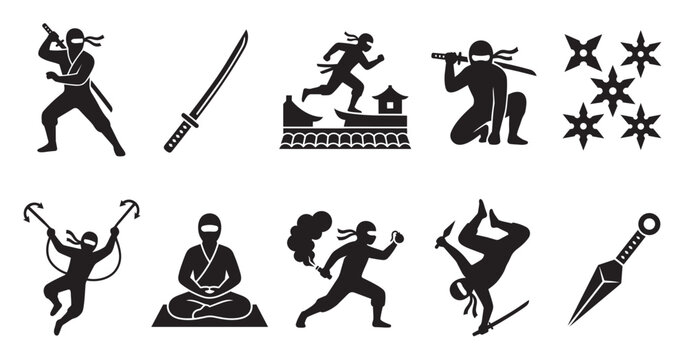 Collection of black silhouette icons depicting ninjas in various action poses, including combat, meditation, and with weapons like swords and shurikens.