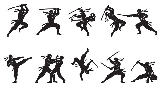 A collection of black silhouette graphics depicting ninjas in various dynamic action poses with swords and martial arts movements, suitable for gaming or sports themes.
