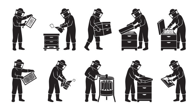 This black and white icon set depicts a beekeeper performing various tasks, including inspecting frames and using a smoker, ideal for illustrating apiary farming and honey production.