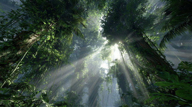 Tropical rainforest with vegetation. Cinematic volumetric light Tyndall effect canopy illuminating mist. Morning dew on leaves. Warm and cool tones. Copy space on left. 8K eco-tourism background.