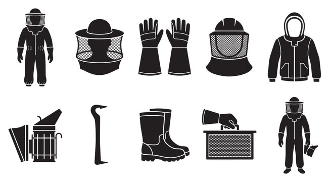 A collection of black silhouette icons illustrating beekeeping protective clothing, tools, and equipment on a white background.
