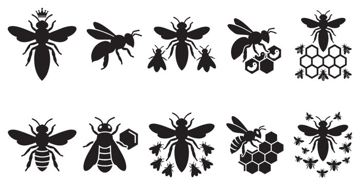 A collection of black silhouette icons featuring various bee motifs, including a queen bee with a crown, bees around a honeycomb, and a swarm, suitable for nature and apiary themes.
