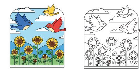 Naklejka premium Birds and Sunflowers in Summer Nature Landscape, Coloring Page and Color Illustration Set for Kids Activity