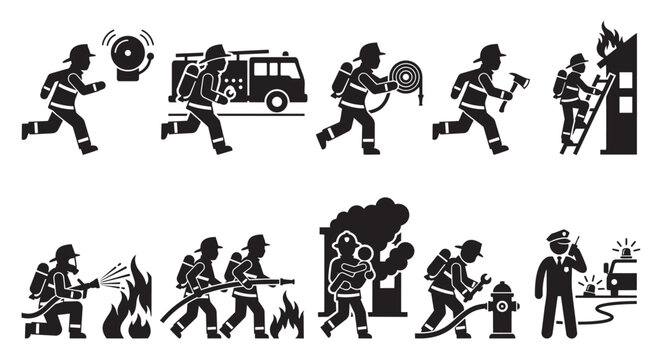 A collection of black and white silhouette icons depicting firefighters in various heroic actions, including responding to alarms, battling fires, and rescuing civilians.