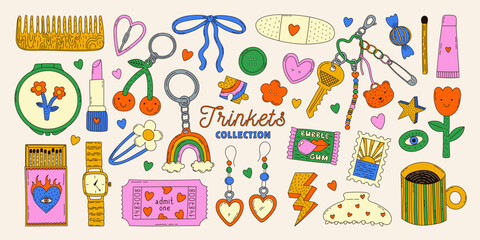 Fototapeta na wymiar Set of hand-drawn quirky illustrations of various retro trinkets and accessories. Y2k colorful funky keychains, matches box, ticket, earrings and other little things. Contemporary art vector drawings