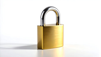 Naklejka premium A gleaming gold padlock rests on a white surface, symbolizing security and protection against a clean, minimalist background.