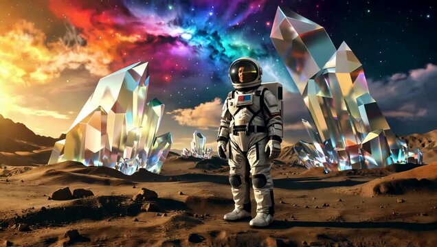 Astronaut standing on an alien planet with large crystals and nebula sky