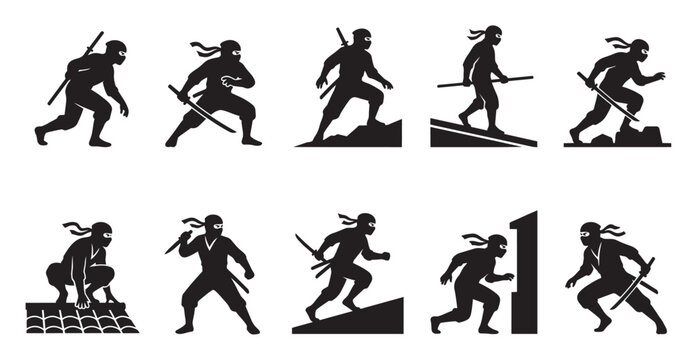 A collection of black silhouettes of ninjas in various dynamic action poses, holding swords against a white background, perfect for conceptual designs.