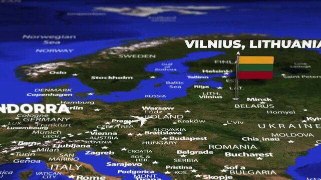 Flight From Andorra la Vella ANDORRA Vilnius LITHUANIA with flag pins