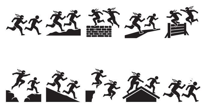 A collection of black silhouette icons depicting ninjas running and jumping over various obstacles, representing action, agility, and challenges.