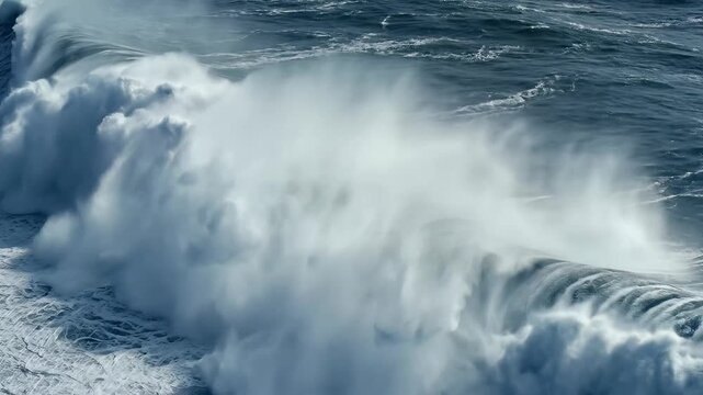Powerful Ocean Wave Crashing with White Foam and Spray.