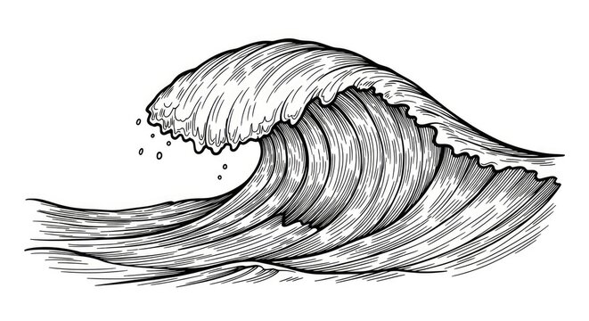 Detailed hand-drawn ocean wave illustration. Vintage engraving style sketch of a powerful sea surf for marine designs.