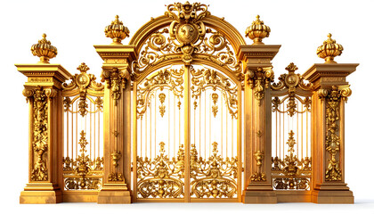 An ornate, golden gate with intricate carvings and decorative elements stands prominently against a clean white background, showcasing a luxurious and classical design. © Kacamata