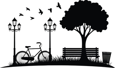 Fototapeta premium Black silhouette of a park scene with a bicycle street lamps bench tree and flying birds white