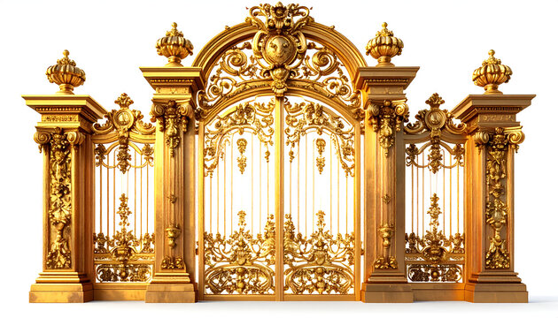 An ornate, golden gate with intricate carvings and decorative elements stands prominently against a clean white background, showcasing a luxurious and classical design.