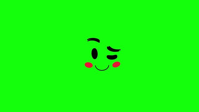 Animated 2D cartoon face winking, eyebrows moving up and down, smiling mouth, red cheeks pulsing, isolated on green screen background.