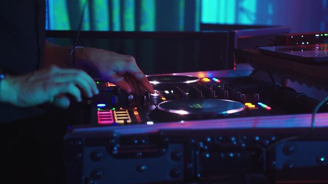 Hands adjusting vibrant sound equipment. Closeup of DJ modifying colorful audio settings. An indepth view showing DJ meticulously tweaking sound controls amid vibrant illumination at lively event