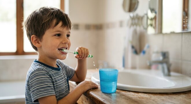 Young boy brushing his teeth in a bathroom