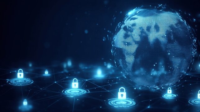Abstract Digital Background with a Dark Blue Theme Featuring Global Security Icons and Connectivity Elements
