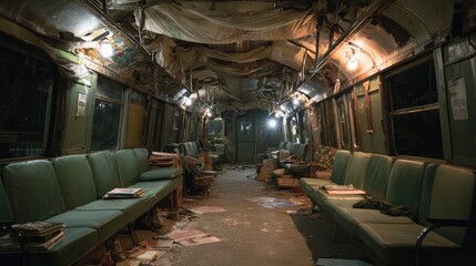 Fototapeta premium Abandoned Train Interior: A Haunting Look at Forgotten Spaces and the Passage of Time