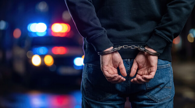 Arrested suspect in handcuffs with police car lights, criminal detention and law enforcement concept. 