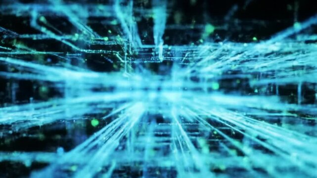 mesmerizing cgi and vfx rendered abstract digital network with luminous electric blue and neon green data streams forming intricate fractal structures against a dark void, enhanced by cinematic